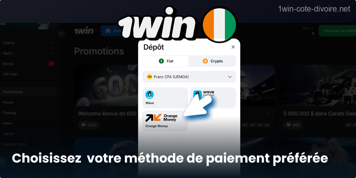 Sélectionnez un moyen de dépôt pour 1Win